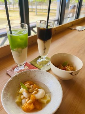Tofu shiratama dessert and Taiwanese 豆花 (toufa?) dessert. Iced Matcha with soy milk, Iced Coffee with soy milk. at Shirakami Tofu  in Aomori