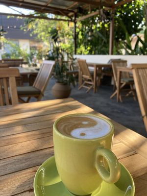 Latte with their homemade plant milk  at Road Trip Eatery in Pecatu