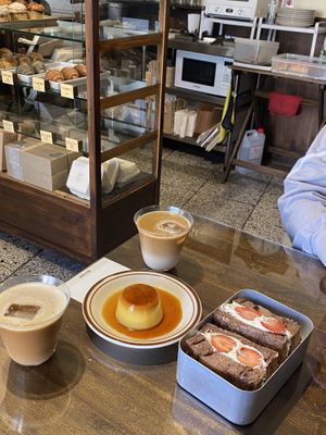 Pudding, strawberry cocoa sandwich, iced oat latte  at Kim Yo Pan - Vegan Bakery in Taichung