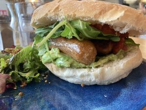 Vegan bap (my husband’s favorite, tasty fresh guacamole and great vegan sausages!)   at East Road in Dublin