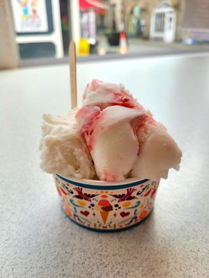 Coconut & Dark Chocolate and Raspberry Ripple Ice Cream Tub. at Red Boat Ice Cream Parlour in Beaumaris