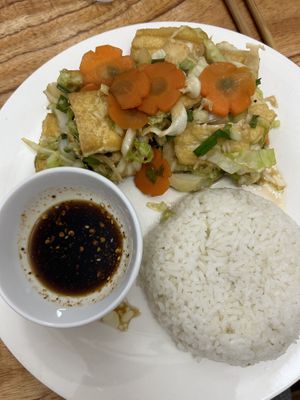 Tofu with vegetables and rice  at Rainbow Ha Giang  in Ha Giang
