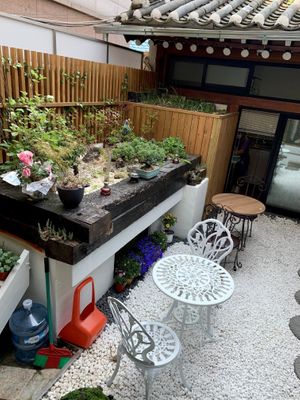 Courtyard, seating areas are inside (two different areas so you have privacy if you want to)  at Vegan Insa - 비건인사 in Seoul