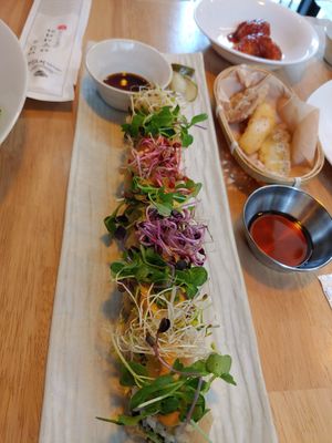 California roll with fried veggies on the side at Vegan Insa - 비건인사 in Seoul