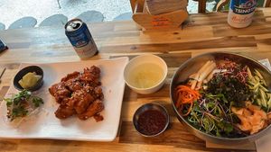 Seasoned fried „chicken“ and spicy cold buckwheat noodles.  at Vegan Insa - 비건인사 in Seoul