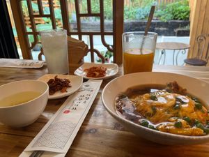 ‘Egg’ rice with pumpkin drink and lemonade at Vegan Insa - 비건인사 in Seoul