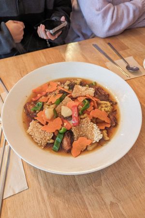 Sweet and Sour Mushroom with fried rice at Vegan Insa - 비건인사 in Seoul
