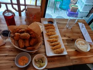 Fried dumplings and curry fries soy chicken at Vegan Insa - 비건인사 in Seoul