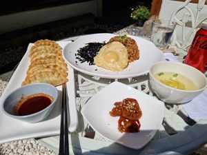 Dumplings + Egg Fried Kimchi Rice + Soup at Vegan Insa - 비건인사 in Seoul
