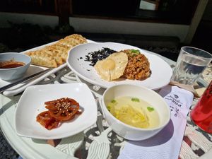 Dumplings + Egg Fried Kimchi Rice + Soup at Vegan Insa - 비건인사 in Seoul