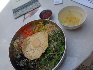 Bibimbap with a soup at Vegan Insa - 비건인사 in Seoul
