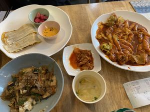 Clockwise from top left: Kimchi quesadilla, tteokbokki with dumplings and fish cakes, and bulgogi.   at Vegan Insa - 비건인사 in Seoul
