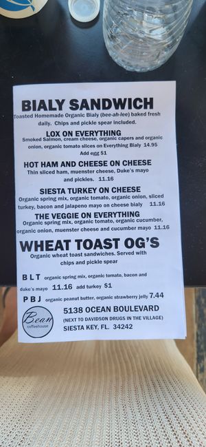 menu at Bean Coffeehouse in Siesta Key