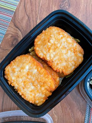 Seitan Hash. Yup- literal hash brown patties 🤣 they did taste great though!  at Veggie Fun in Providence