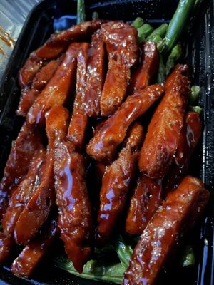 Seitan spare ribs dinner (rice and soup not shown)  at Veggie Fun in Providence