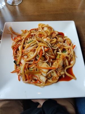 Kimchi udon noodle dish. Had good heat but the sauce was a little bland. 6.5/10 overall at Veggie Fun in Providence