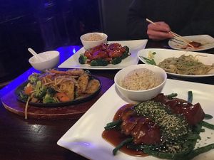 cold noodles, sizzling platter, General Tsaos, and Ribs at Veggie Fun in Providence