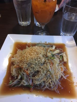Vegan pad Thai and Thai iced tea at Veggie Fun in Providence
