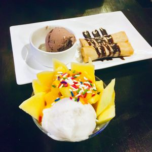 The Banana Spring Rolls and Sundae & Fruit Desserts.  at Veggie Fun in Providence