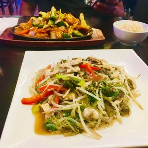Korean Style Clear Noodles and Soy Cutlet Sizzling Platter.  at Veggie Fun in Providence