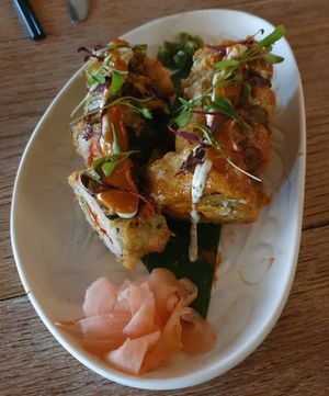 TOFU & ASPARAGUS TEMPURA: Miso & Harissa Marinated Smoked Tofu, Grilled Asparagus & Roast Pepper, Vegan Sriracha Mayonnaise, Vegan Coriander Soy Mayonnaise at Victors in Alderley Edge