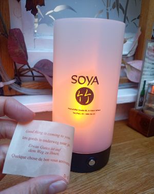 Complementary fortune cookie at Soya in Vienna