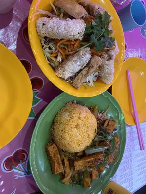 Tofu and veggies spring roll noodle salad and the sweet&sour tofu with ginger rice   at Rice Rice Baby - Grey St in Hamilton
