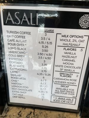 Coffee menu  at Asali Desserts & Cafe in Cary