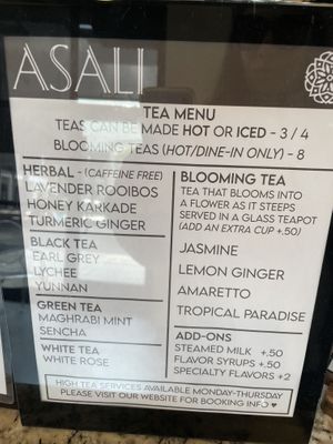 Tea menu  at Asali Desserts & Cafe in Cary