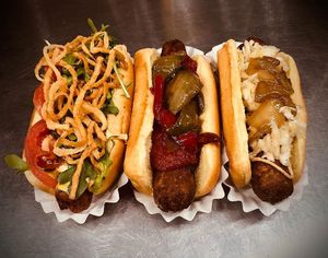 Chickun sausage, italian sausage, and brat.  at DogSlinger in Stevensville