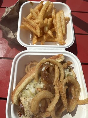 Vegan bratwurst and friess  at DogSlinger in Stevensville