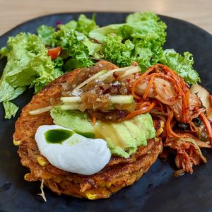 Corn Zucchini Kimchi Pancakes at Back to Eden in Central Singapore