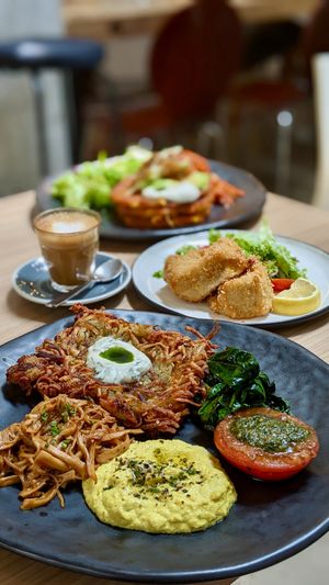 Big Breakfast with Tofu Scramble, Corn Zucchini Kimchi Pancakes, Corn Creamed Croquette with Side Salad, Piccolo Latte at Back to Eden in Central Singapore