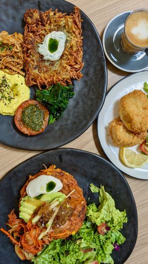 Big Breakfast with Tofu Scramble, Corn Zucchini Kimchi Pancakes, Corn Creamed Croquette with Side Salad, Piccolo Latte at Back to Eden in Central Singapore