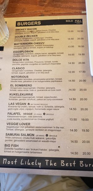Menu with designated options at Burgerij in Antwerpen