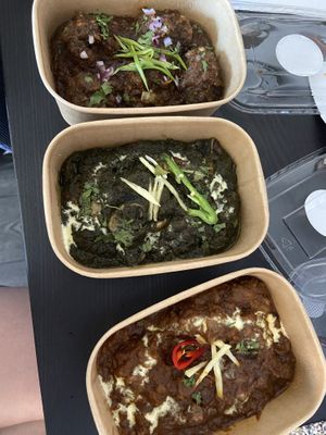 lamb, mushroom and chicken, veg dumplings curries  at Vegan Dhaba in Birmingham