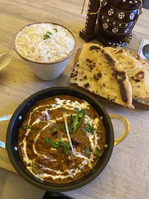 Desi Lamb Curry, Basmati Rice and Garlic Naan  at Vegan Dhaba in Birmingham