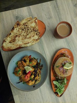 Garlic naan, roadside mushrooms and bhaji at Vegan Dhaba in Birmingham