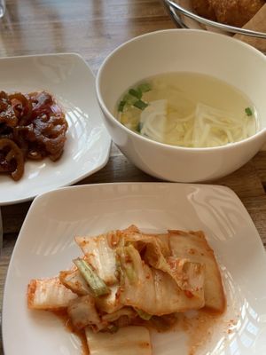 Sides: lotus, bean sprout soup, and kimchi  at Vegan Dalsae 달새는달만생각한다 - Maybe closed in Seoul