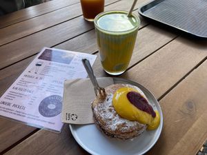 Apricot pocket and iced mango coconut matcha  at Pockets in Nuremberg
