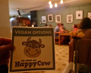 Well-deserved HappyCow sticker. at A Tal da Pizza in Sao Joao Da Madeira
