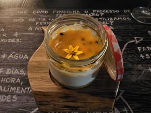 New vegan dessert: creamy passion fruit cheesecake. at A Tal da Pizza in Sao Joao Da Madeira