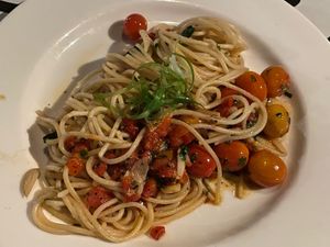 cherry tomato pasta with olive oil, delicious  at Balin Roofgarden in Sandakan