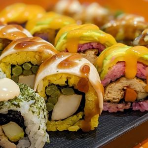 Vegan Roll in Calimix: Stir-fried mushrooms and garlic scrapes, topped with grilled shiitake mushrooms in teriyaki sauce at SushiLAB in Hanoi