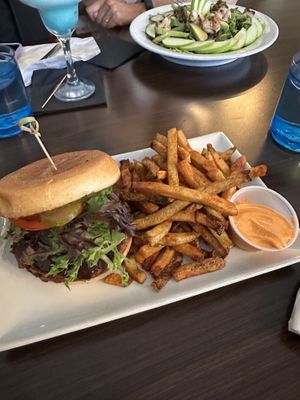 The Jack Daniel’s Glazed Beyond Burger with a side of fries & vegan spicy mayo.   at 7 By 7 Restaurant in Sydney