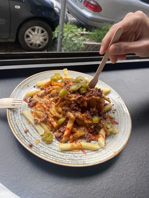 Loaded fries with mince vegan meat - spicy!  at Street Food in Sofia