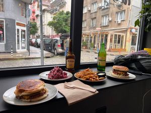 Cheesburger, Masoni burger, french frieds and coleslaw at Street Food in Sofia