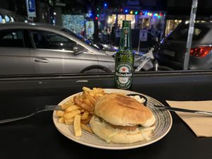 Not-a-chicken burger with fries  at Street Food in Sofia