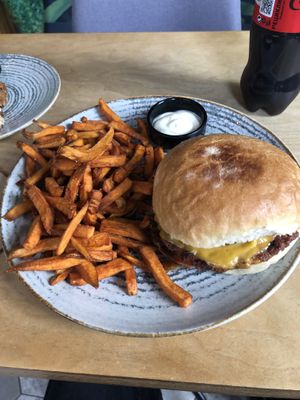 Cheeseburger with sweet potato fries  at Street Food in Sofia