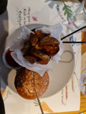 Veggie burger and fries at  Broccoli Restoran in Novi Sad